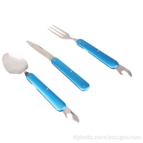 4-in-1 Stainless Steel Travel/Camping Folding Cutlery Set, Spoon + Fork + Knife + Bottle Opener Set